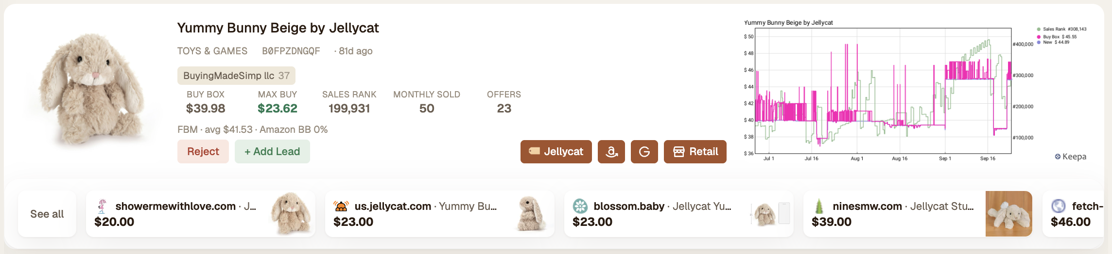 Yummy Bunny Beige by Jellycat as a Doppio card: buy box $39.98, max buy $23.62, sold at retail from $20