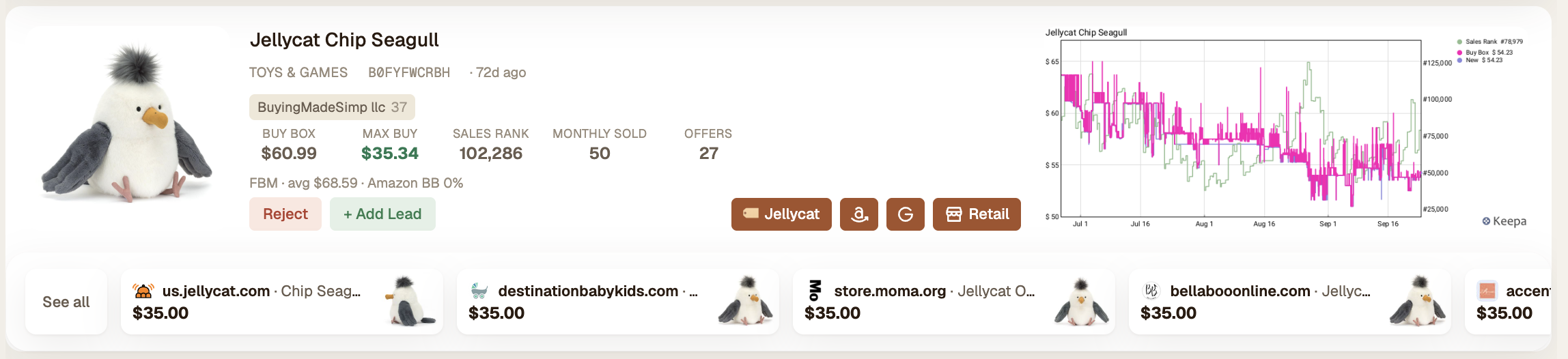 Jellycat Chip Seagull as a Doppio card: buy box $60.99, max buy $35.34, sold at retail at $35