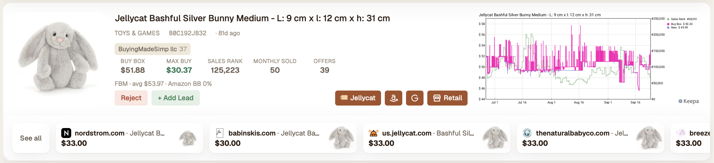 Jellycat Bashful Silver Bunny as a Doppio card: buy box $51.88, max buy $30.37, sold at retail from $30